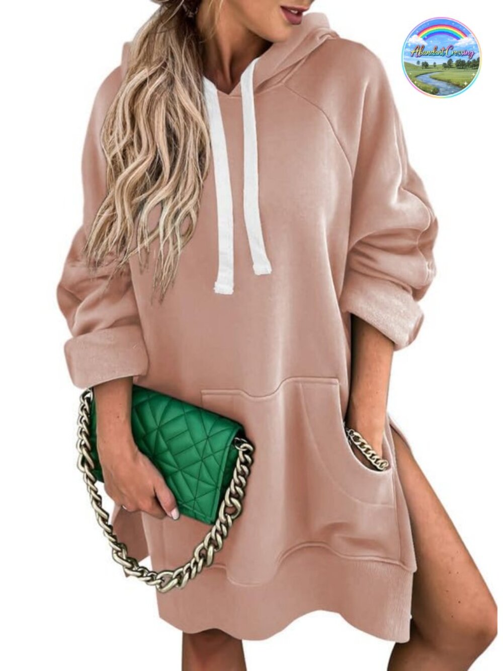 Oversized Hoodie Dress Long Sleeve Split Hem Drawstring Kangaroo Pocket